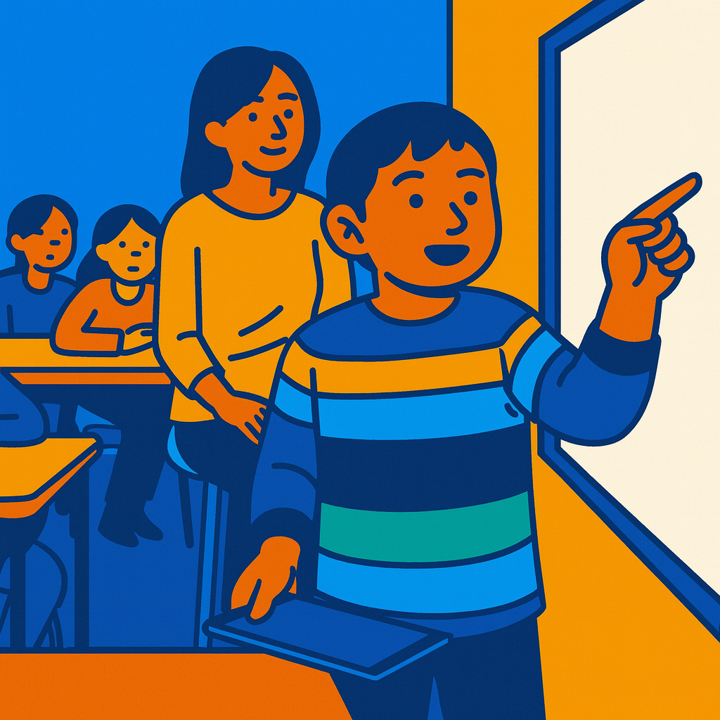 Student wijst naar het bord tijdens samenwerking